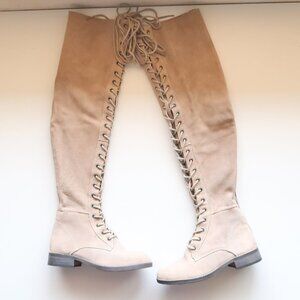 Free People Beige Suede Leather Lace Up Low Heel Tall Over the Knee Boots Size 6